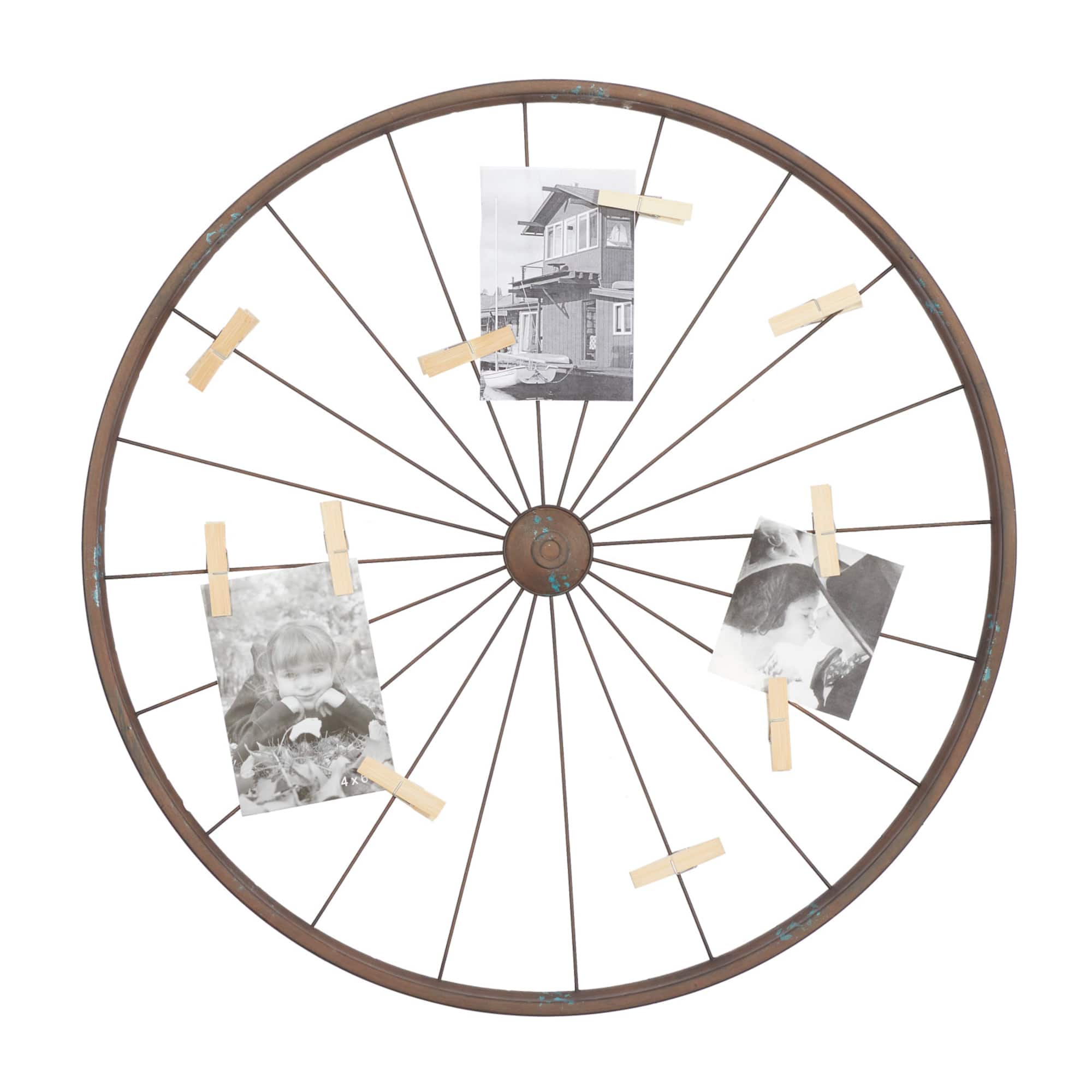 Brown Metal Bicycle Wheel Photo Holder Wall Décor